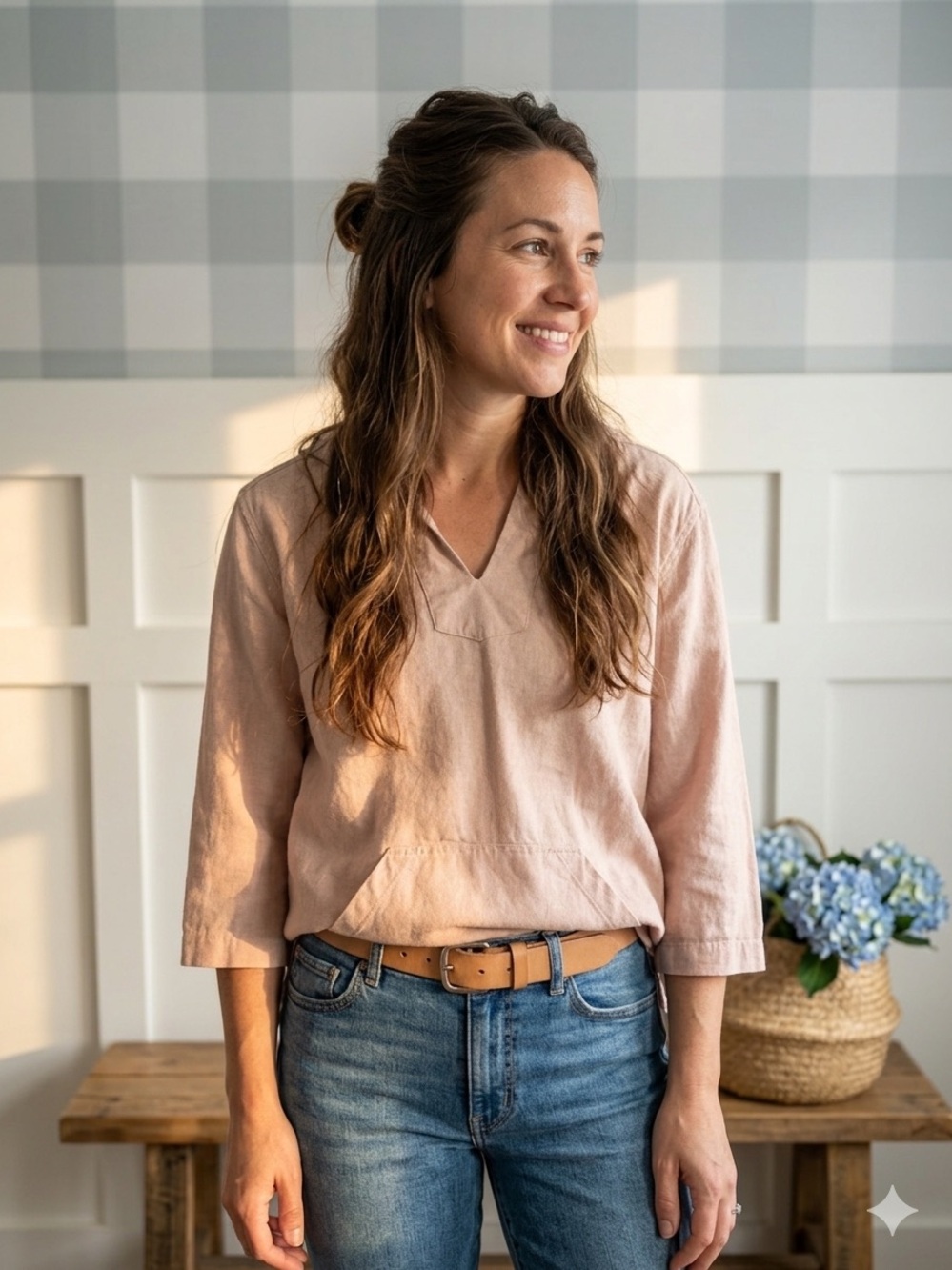 Charlie‎ Paige Linen Relaxed V-Neck Tunic in Blush Small